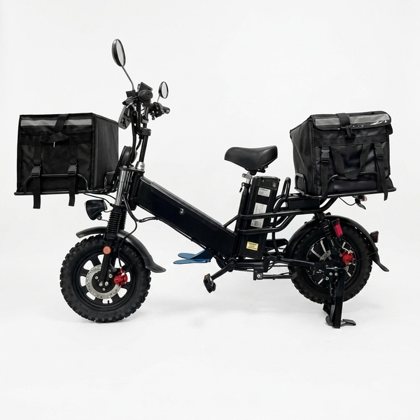 16-Inch Electric Delivery Cargo Bike with front and rear carrying space and delivery bags on each side.