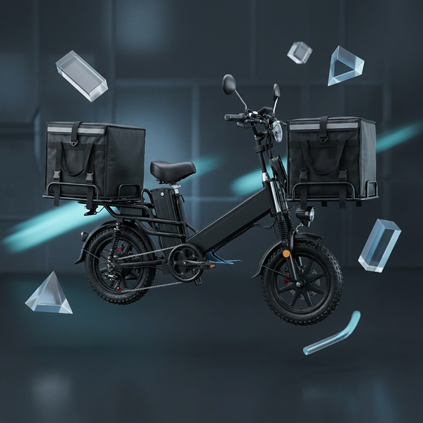16-Inch Electric Delivery Cargo Bike with front and rear cargo bags, designed for efficient delivery operations.