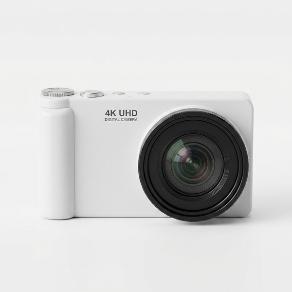 4K UHD Digital Camera in white with lens, designed for everyday photography and video capture.