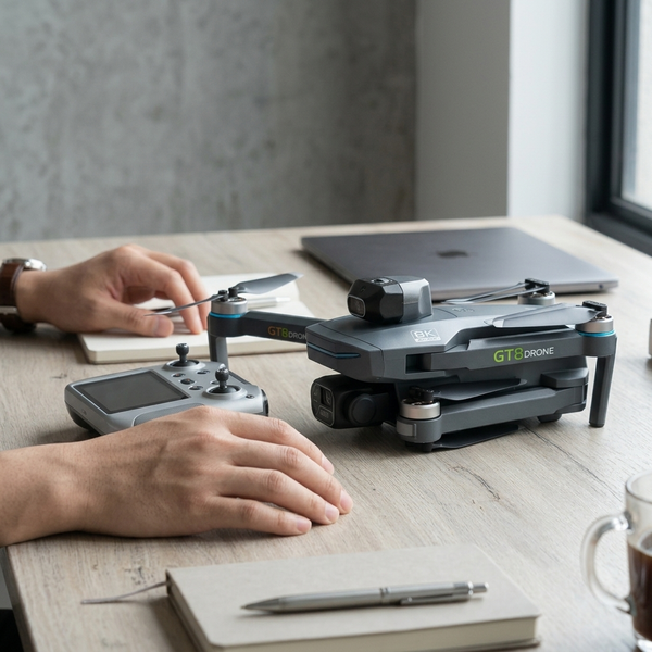 Remote Controlled Quadcopter Drone on a table with a handheld controller and notebooks nearby.