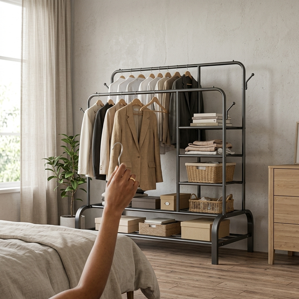 120cm 3-Tier Double-Rail Drying Rack With Wheels holding suits and shirts, organized in a stylish room.