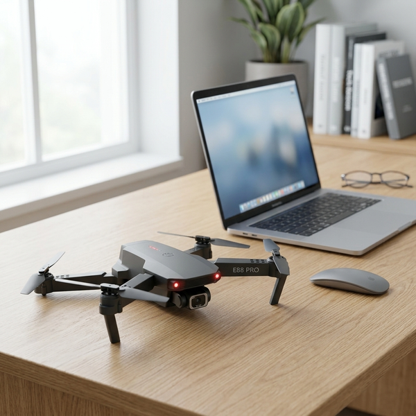Remote Controlled Foldable Drone placed on a wooden desk next to a laptop and mouse with indoor plants in the background.