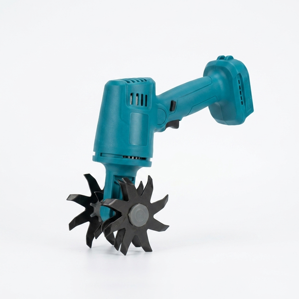 Cordless Handheld Garden Cultivator with rotating metal tines for easy soil cultivation.