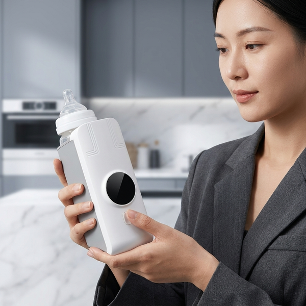 A woman holding a Portable Bottle Warmer in a modern kitchen, showcasing its sleek, compact design.
