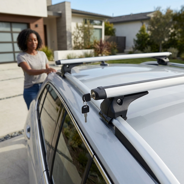 120cm Lockable Car Roof Crossbars securely mounted on a car, showcasing ease of use and practicality.
