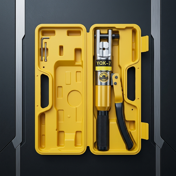 YQK-300 Manual Hydraulic Crimping Tool YQK-70H Manual Hydraulic Crimping Tool displayed in a yellow case showing the tool and its components.