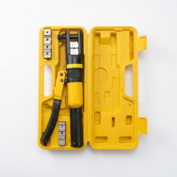 YQK-300 Manual Hydraulic Crimping Tool YQK-70H Manual Hydraulic Crimping Tool in yellow case with interchangeable dies and handle for crimping cables.