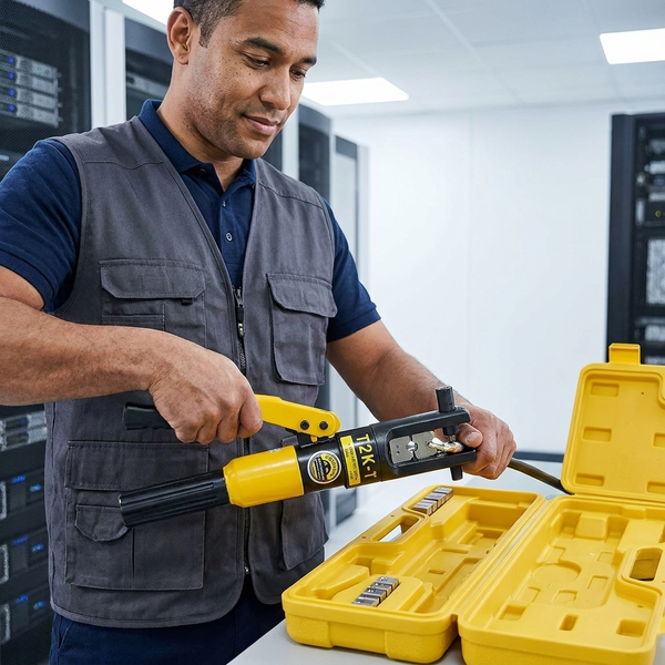 YQK-300 Manual Hydraulic Crimping Tool YQK-70H Manual Hydraulic Crimping Tool being used by a man in a gray vest, showcasing its hydraulic mechanism in action.