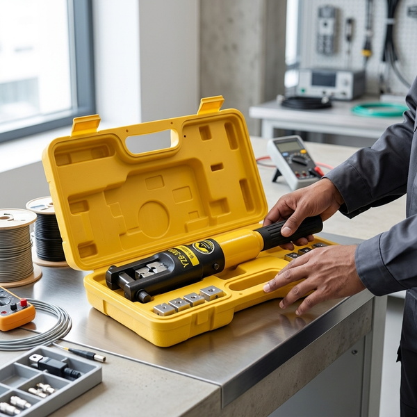 YQK-300 Manual Hydraulic Crimping Tool YQK-70H Manual Hydraulic Crimping Tool in yellow case with accessories on a workbench.