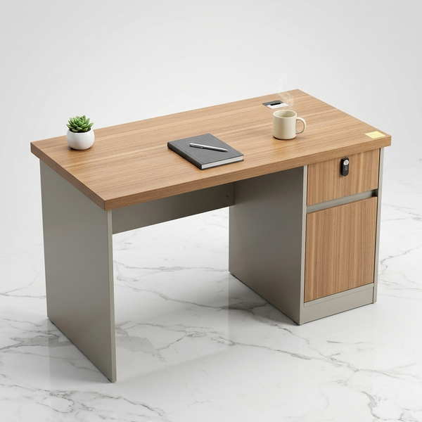 1.2m Office Desk with Storage Drawers featuring a wooden top, storage drawer, and a minimalist design on a marble surface.