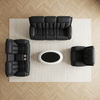 Modern Black Comfort Sofa Set arranged on a light-colored rug with an oval coffee table in the center.