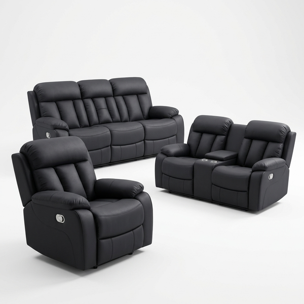 Modern Black Comfort Sofa Set featuring a spacious sofa, loveseat, and recliner in deep black finish.