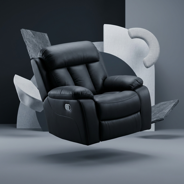 Modern Black Comfort Sofa Set featuring a stylish recliner in leather, designed for comfort and contemporary aesthetics.