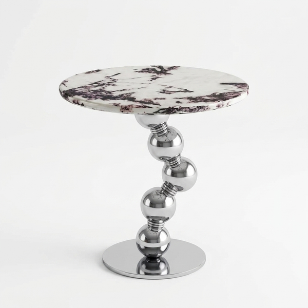 Luna Marble-Look Round Side Table with a stylish round marble top and a chrome ball accent base.