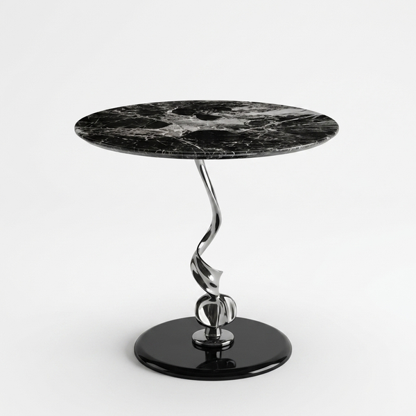 Sculptural Marble-Look Round Side Table with a stylish black marble top and unique metallic base for home decor.