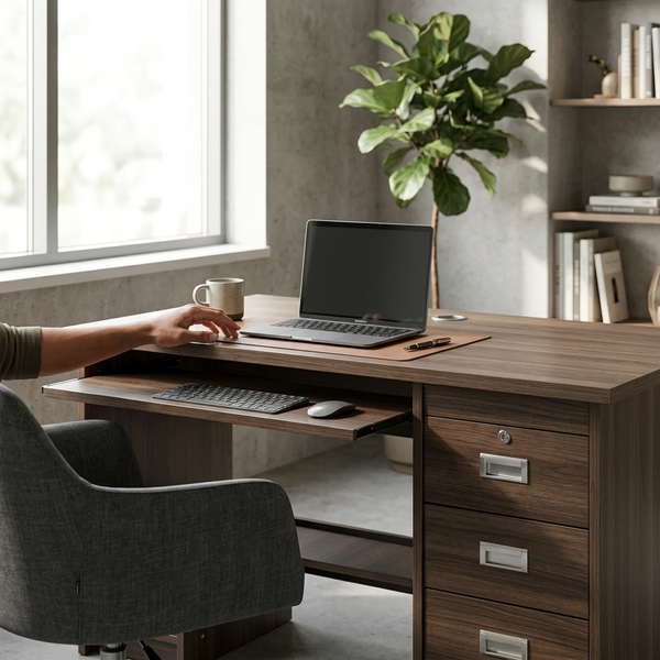 1.2m Office Desk with 3 Drawers, modern workspace featuring a laptop and coffee cup, perfect for organization.
