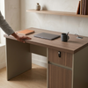 1.2m Office Desk with Storage Drawers featuring a wooden work surface, storage, laptop, and a coffee cup.