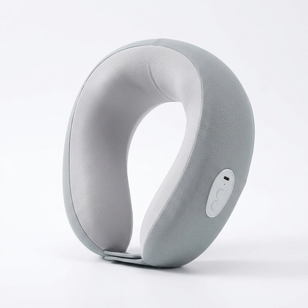 Wearable Neck Massager in soft grey fabric design with integrated controls for easy operation, ideal for relaxation.