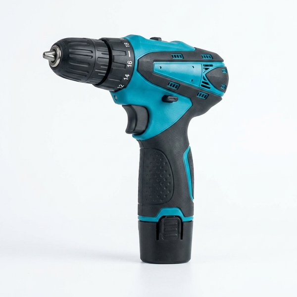 Cordless Electric Drill with Battery & Charger side view showing adjustable chuck and ergonomic design.