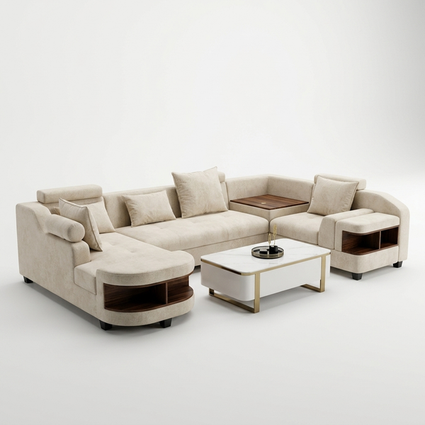 Modern Curved Sectional Sofa with elegant beige fabric and stylish side tables for comfortable living room seating.
