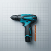 Cordless Electric Drill with Battery & Charger on a grid background with drill bit beside it.