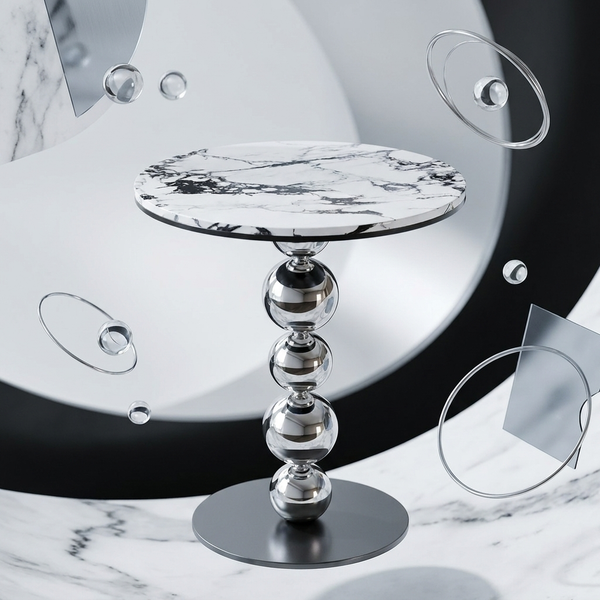 Round Marble-Look Coffee Table with Decorative Metal Base showcasing a modern design in a stylish setting.