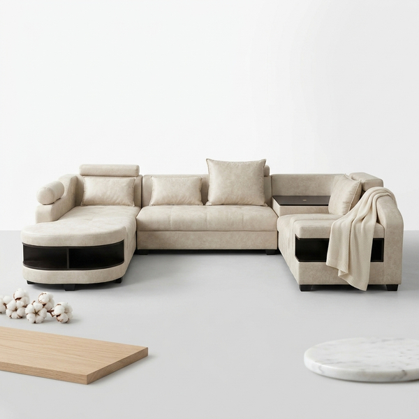Modern Curved Sectional Sofa in a stylish living room setup with cream upholstery and sleek black accents.