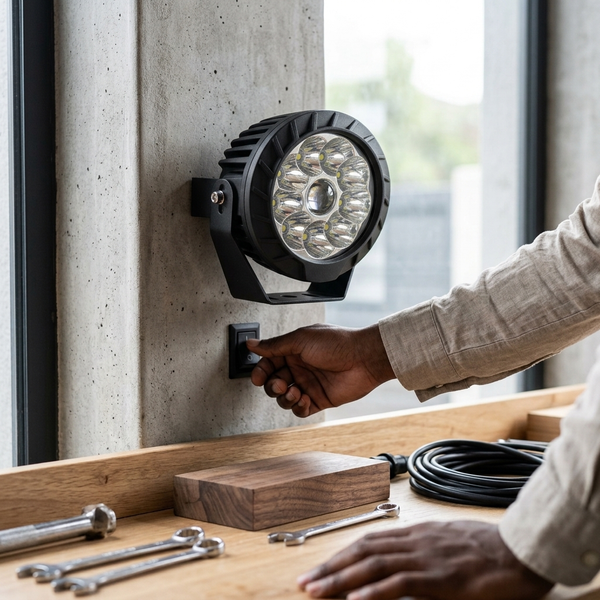 Adjustable LED Wall Spotlight installed on a wall with a user turning on the light switch.