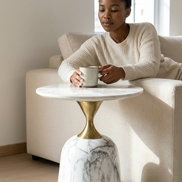 Modern Round Marble-Style Side Table with a woman holding a cup, creating a cozy living space atmosphere.