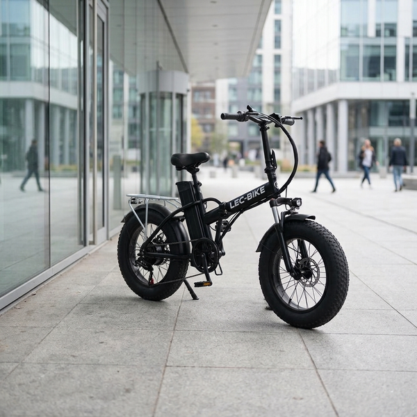 Fat Tyre Electric Bicycle parked outside a modern building, showcasing its wide tyres and sleek design.