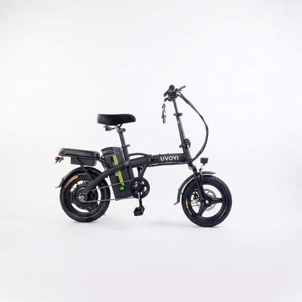 Compact Electric Bicycle with a compact frame, electric drive system, and rear rack for urban cycling.