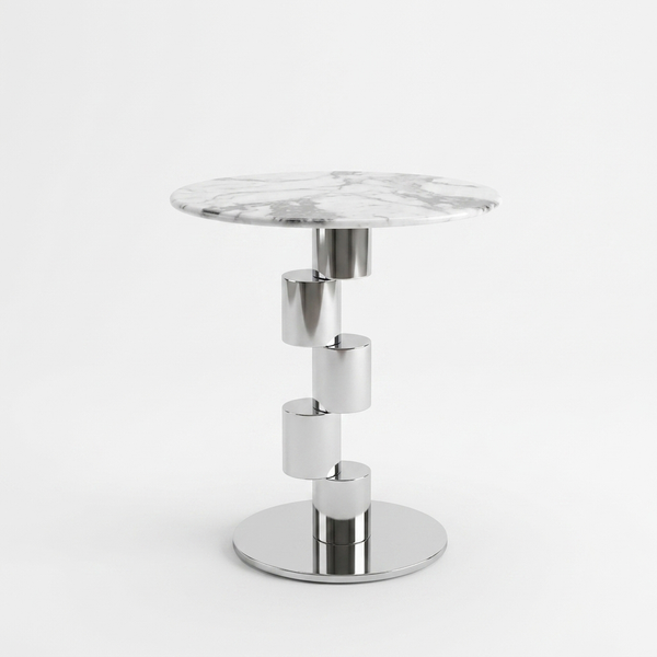 Round Modern Accent Side Table with a round marble top and unique chrome base structure on a white background.