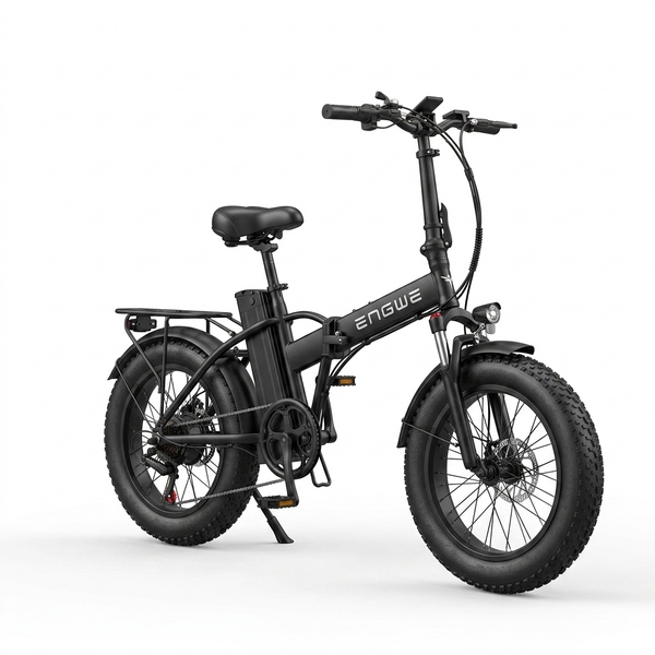 Fat Tyre Electric Bicycle showcasing a black frame, wide tyres, and front suspension for smooth rides.