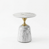 Modern Round Marble-Style Side Table with a circular marble top and distinctive gold pedestal base.