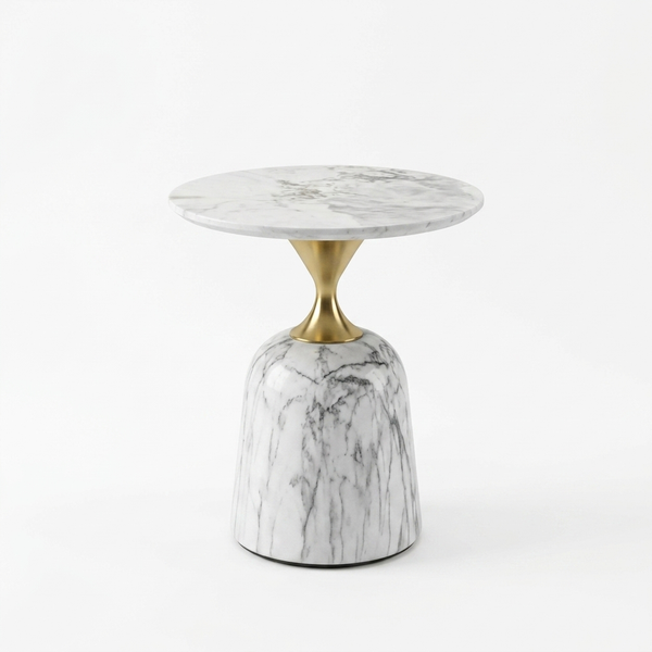 Modern Round Marble-Style Side Table with a circular marble top and distinctive gold pedestal base.