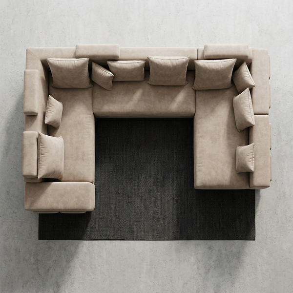Top view of a Modern Modular Corner Sofa Set with plush cushions and a dark rug underneath.