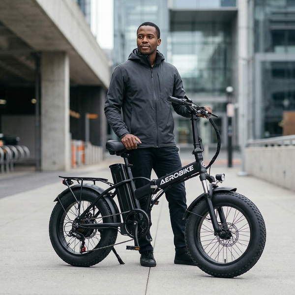 Fat Tyre Electric Bicycle with wide tyres and front suspension, showcased by a man in an urban setting.