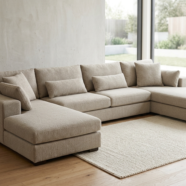 Modern Modular Corner Sofa Set in a stylish lounge setting with neutral tones and spacious seating.