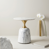 Modern Round Marble-Style Side Table with a white marble top and gold pedestal base, perfect for stylish living spaces.