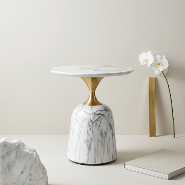 Modern Round Marble-Style Side Table with a white marble top and gold pedestal base, perfect for stylish living spaces.