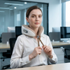Woman wearing a Contoured Neck Support Pillow at an office desk for comfort and support.