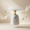 Modern Round Marble-Style Side Table featuring a circular marble top and distinctive gold pedestal base against a soft background.