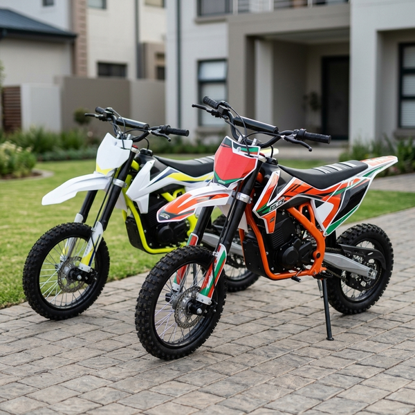 Off-Road Dirt Bike in white and orange colors parked outside a house on a paved surface.