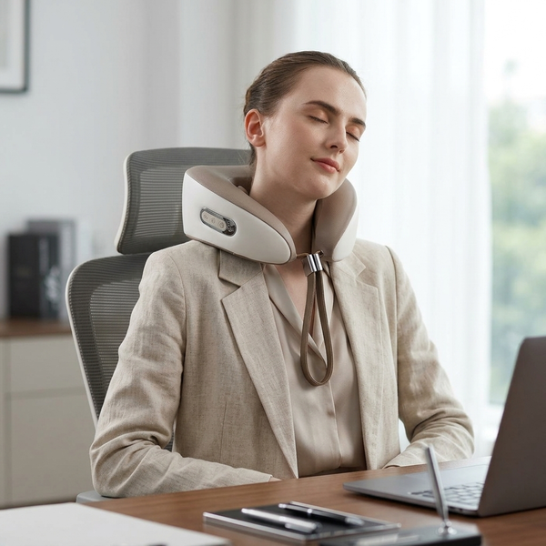 Woman using a Contoured Neck Support Pillow while relaxing in an office chair.