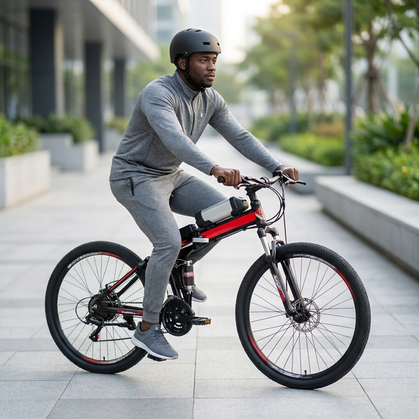 Person riding a VoltTrail Electric Cycling Bike in a modern urban setting.