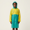 Childrens Hooded Raincoat worn by a child, featuring a hood, snap-button closure, and vibrant green and yellow colors.