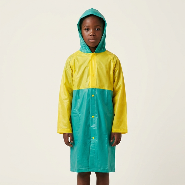 Childrens Hooded Raincoat worn by a child, featuring a hood, snap-button closure, and vibrant green and yellow colors.