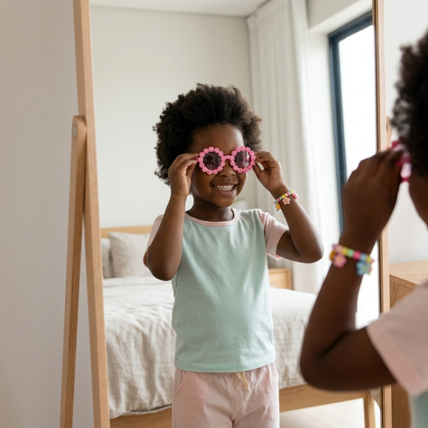 Childrens Hair Accessories & Sunglasses Set featuring a girl trying on playful pink sunglasses in front of a mirror.