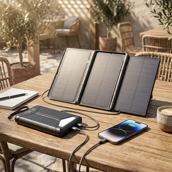 Foldable Solar Power Bank 30000mAh with 5W Panel on a table with smartphone and coffee in outdoor setting.