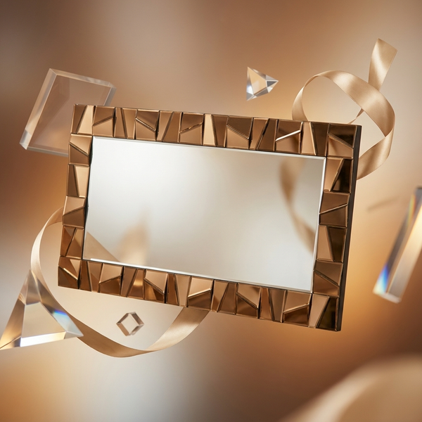 Large Decorative Geometric Wall Mirror with a stylish textured bronze frame, highlighted with decorative elements.
